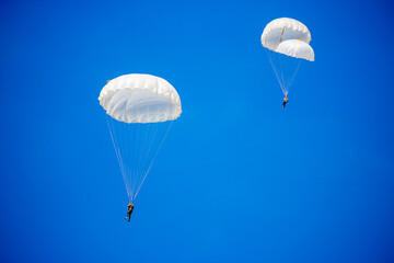 Skydiving. Flying parachutists against the background of the blue sky and mountains. Extreme sport and entertainment.