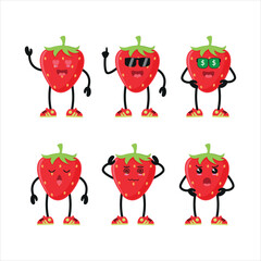 Cute happy strawberry wear sunglasses different pose activity. funny fruit different face expression vector illustration set.