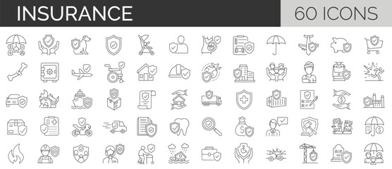 Set of 60 icons related to insurance. Outline icons collection. Simple vector illustration. Editable stroke