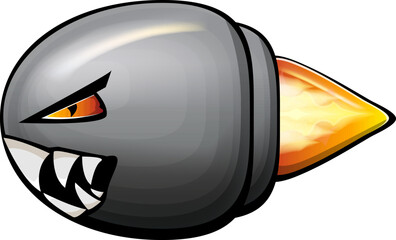 Vector cartoon gun bullet with fire bullet trail isolated on white background. Angry flying Bullet character with mouth, teeth, eyes and fangs. Hand drawn strike bullet