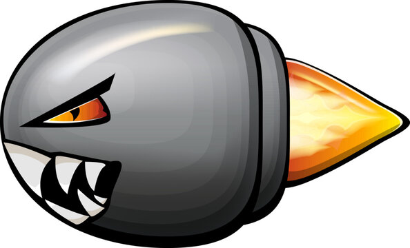 recommend clip art: Vector cartoon gun bullet with fire bullet trail isolated on white background. Angry flying Bullet character with mouth, teeth, eyes and fangs. Hand drawn strike bullet