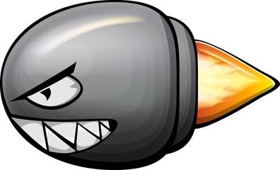 Vector cartoon gun bullet with fire bullet trail isolated on white background. Angry flying Bullet character with mouth, teeth, eyes and fangs. Hand drawn strike bullet