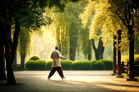 A person practicing tai chi in a park, surrounded by nature and tranquility - Generative AI