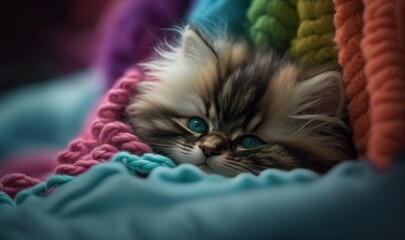  a fluffy cat with blue eyes laying on a colorful blanket.  generative ai