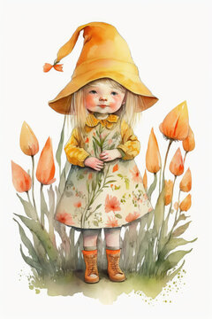 Spring baby gnome girl with tulip flowers watercolor Generative AI illustration isolated on white background
