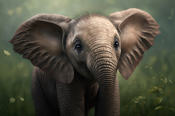 Obraz na płótnie Canvas Adorable baby elephant with a curious gaze looking straight at the camera in the lush green savanna with its family in the background, generative ai