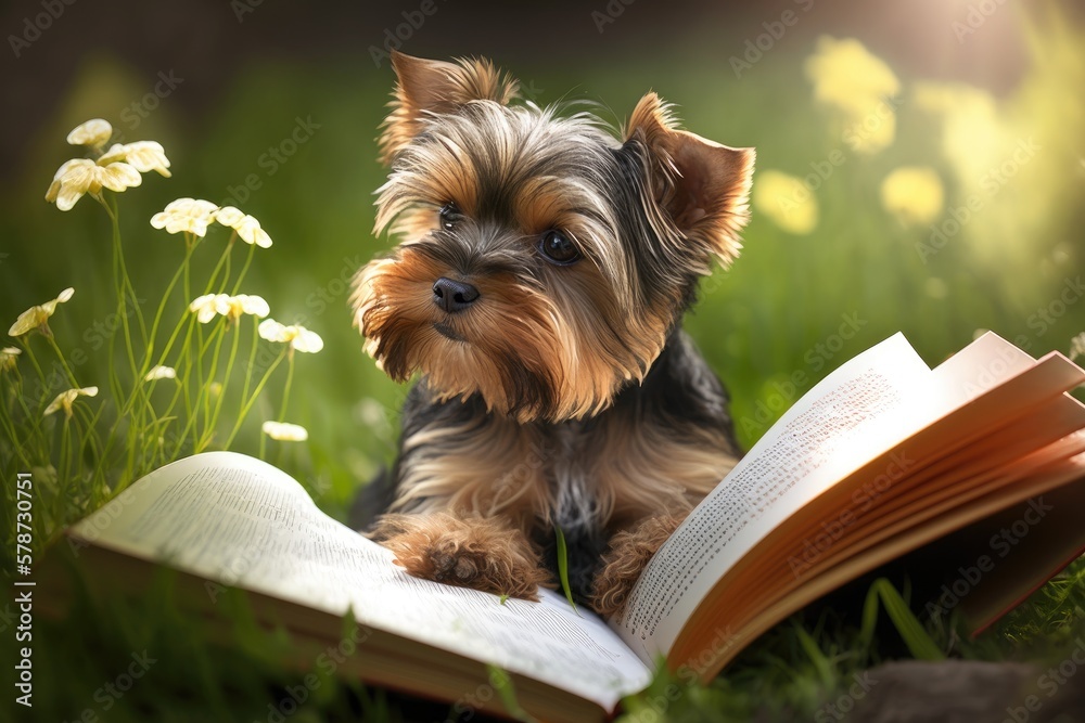 Poster Adorable summertime image of a Yorkshire terrier reading in the yard. Generative AI