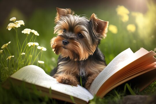 Adorable summertime image of a Yorkshire terrier reading in the yard. Generative AI