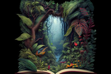 A Tropical Rainforest Jungle Appearing Opening A Book. Generative AI
