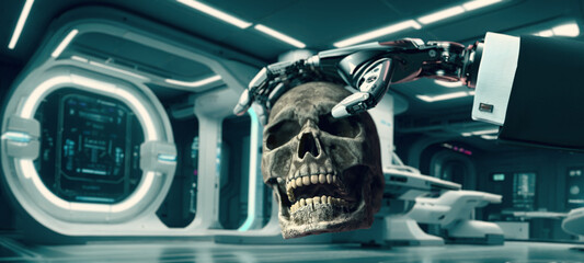 cybernetic arm wrapped in business suit holding human skull. Evolution Artificial intelligence concept. AI killing people. high-tech background.
