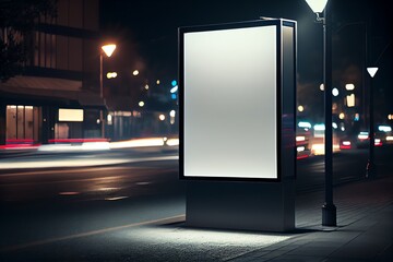 Blank Billboard On Night Street. Outdoor Advertising Poster At Night Time With Street Light Bokeh. Generative AI