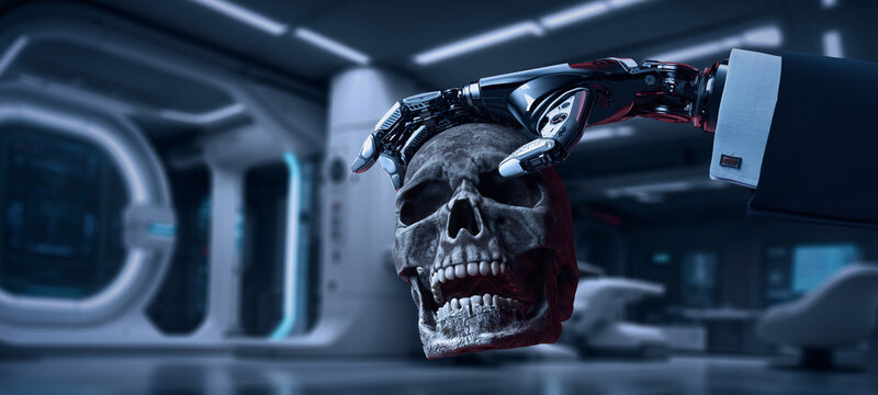 cybernetic arm wrapped in business suit holding human skull. Evolution Artificial intelligence concept. AI killing people. high-tech background.