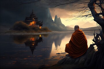 Buddhist Monk Meditates Near A Lake. Artwork. Generative AI - obrazy, fototapety, plakaty