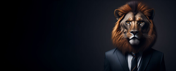 Obraz premium Portrait of Humanoid Anthropomorphic Lion Wearing Businessman Boss Suit in Black Background for Copy Space Banner Generative AI
