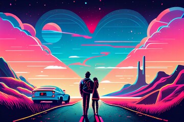 Naklejka premium Couple In Love Hugging On The Road Against A Futuristic Sky With Hearts, 80S Vibe Style, Illustration. Generative AI
