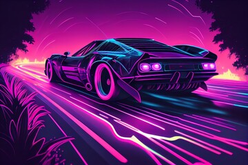 Fototapeta na wymiar Driving In The Night, Futuristic Synth-Wave Car In Purple Neon Colours. Generative AI