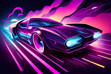 Driving In The Night, Futuristic Synthwave Car In Purple Neon Colours, In Motion. Generative AI