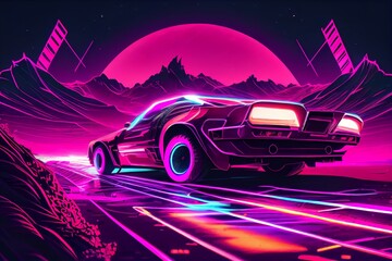 Naklejka na ściany i meble Driving In The Night, Futuristic Synth-Wave Car In Purple Neon Colours. Generative AI