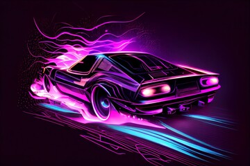Plakat Driving In The Night, Futuristic Synthwave Car In Purple Neon Colours, In Motion. Generative AI