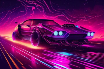 Driving In The Night, Futuristic Synthwave Car In Purple Neon Colours, In Motion. Generative AI