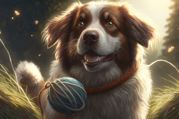 Cheerful dog playing fetch with a ball of yarn in a sun-soaked backyard, generative ai