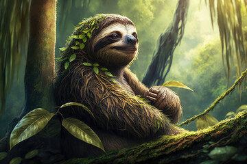 Fototapeta premium Chilling Sloth Soaking in the Sun on a Branch in a Rainforest Canopy, generative ai