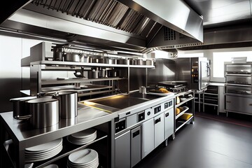 Professional Modern Kitchen In A Restaurant. Generative AI