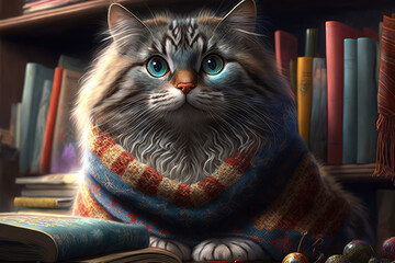 Curious cat wearing a colorful sweater, peering out from a cozy nook in a bookshelf, generative ai