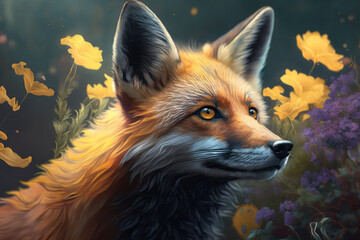 curious fox with a vibrant yellow flower behind its ear, staring intently at the viewer, generative ai