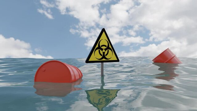 Concept of water pollution and ecology problems. Design. Barrels of fuel and biohazard sign above waving water surface.