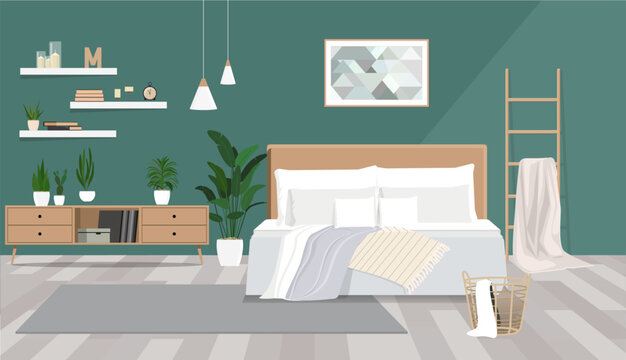 Bed illustration between ladder and plant in green boho bedroom interior with grey carpet under lamps.