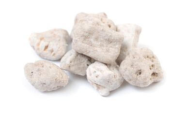 Porous white volcanic rock. Lava stone, pumice stone, or volcanic pumice with distinctive pores