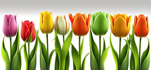 The image depicts colorful tulips against a white background, symbolizing the arrival of spring and the renewal of nature. The vibrant petals exude joy and represent new beginnings. Generative AI