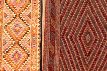 Turkish traditional rugs with geometric vivid colors designs. Istanbul.