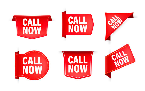 Red ribbon with text Call now. Banner ribbon label Call now