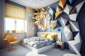 Stylish bedroom with 3D geometric wall decor and bright color accents, suitable for modern home design.