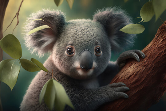 Fluffy gray koala bear with a sleepy expression dozing off on a eucalyptus tree branch in a lush Australian rainforest, generative ai