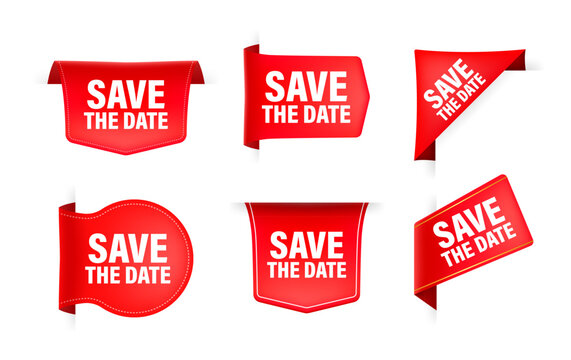 Red ribbon with text Save the date. Banner ribbon label Save the date