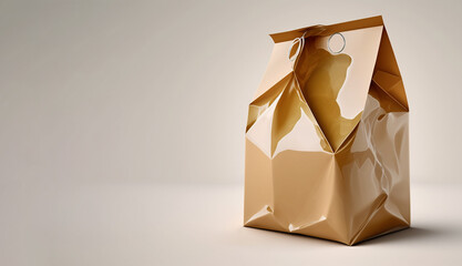 Fototapeta na wymiar Crumpled gold paper bag isolated on a white background, emphasizing the impact of packaging waste.
