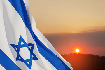 Israel flag with a star of David over cloudy sky background on sunset. Banner with place for text.
