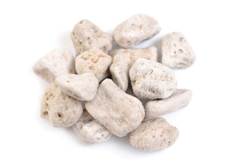 Porous white volcanic rock. Lava stone, pumice stone, or volcanic pumice with distinctive pores