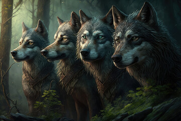King of the Pack Group of Wild Wolves Sitting Together in the Forest, generative ai