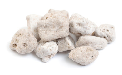 Porous white volcanic rock. Lava stone, pumice stone, or volcanic pumice with distinctive pores