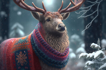 Majestic deer wearing a knitted sweater, standing amidst a forest of pine trees with snow falling gently, generative ai