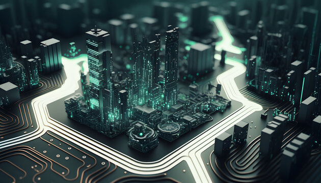 A futuristic city with digital buildings and neon lights, depicted as if it were a circuit board generative ai