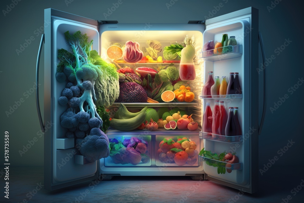 Poster Concept of organic eating, wellness, and weight loss; open refrigerator stocked with fresh produce; background music;. Generative AI