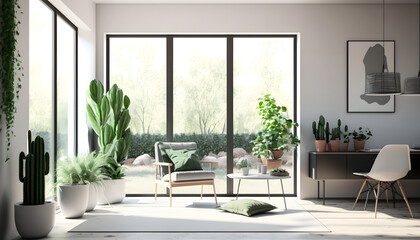 Spacious and bright modern apartment featuring large windows and minimalist design with plants and garden view generative ai