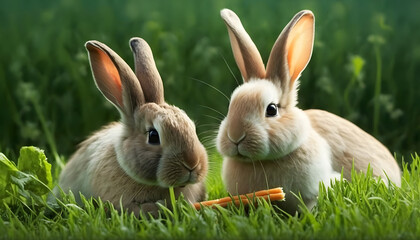 cute rabbits enjoying a tasty carrot in the lush green grass under a bright blue sky generative ai