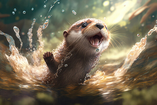 Playful baby otter sticking its tongue out while splashing in a river, generative ai
