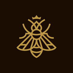 gold queen bee simple line icon logo vector design, modern logo pictogram design of insect animal isolated on dark background